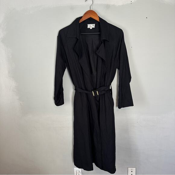 Mille Black Viscose Linen Blend Belted Duster Trench Coat Medium - Picture 2 of 9
